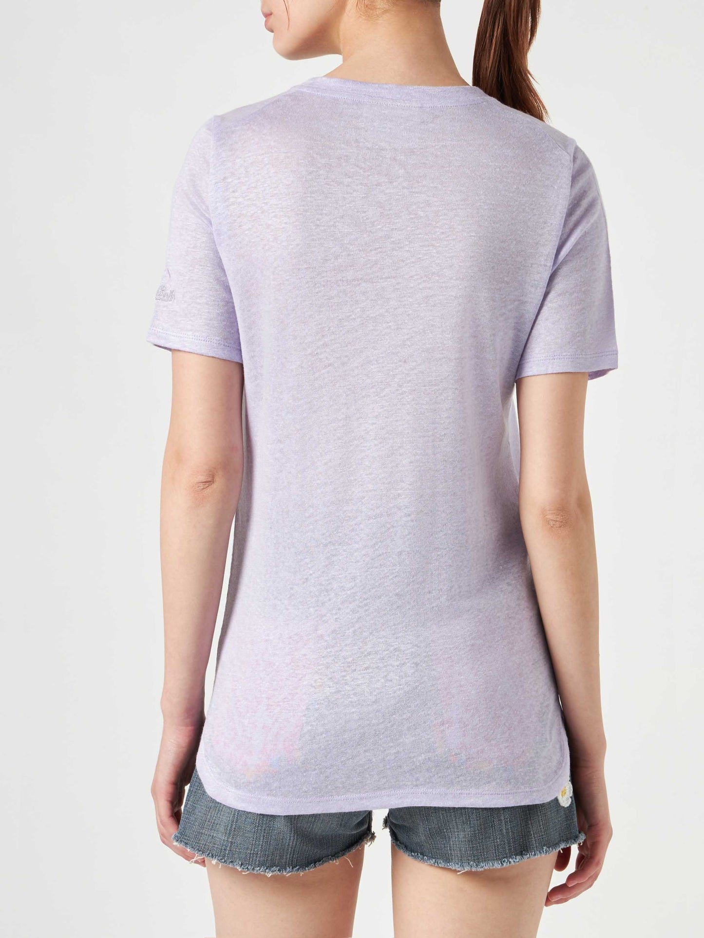 Leinen-T-Shirt mit „Porto Cervo Queen“-Stickerei