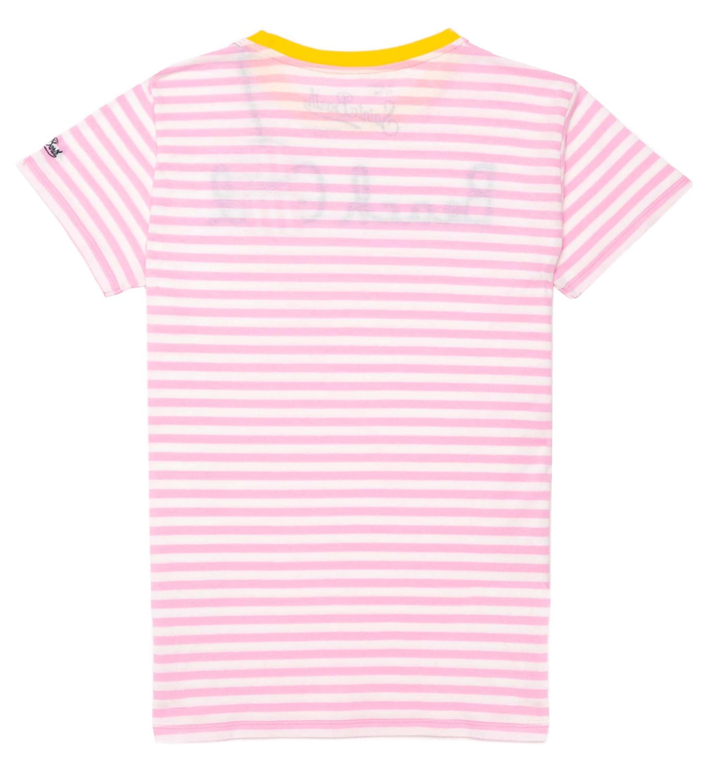 Woman pink striped t-shirt with Beach Girl in St.Barth embroidery