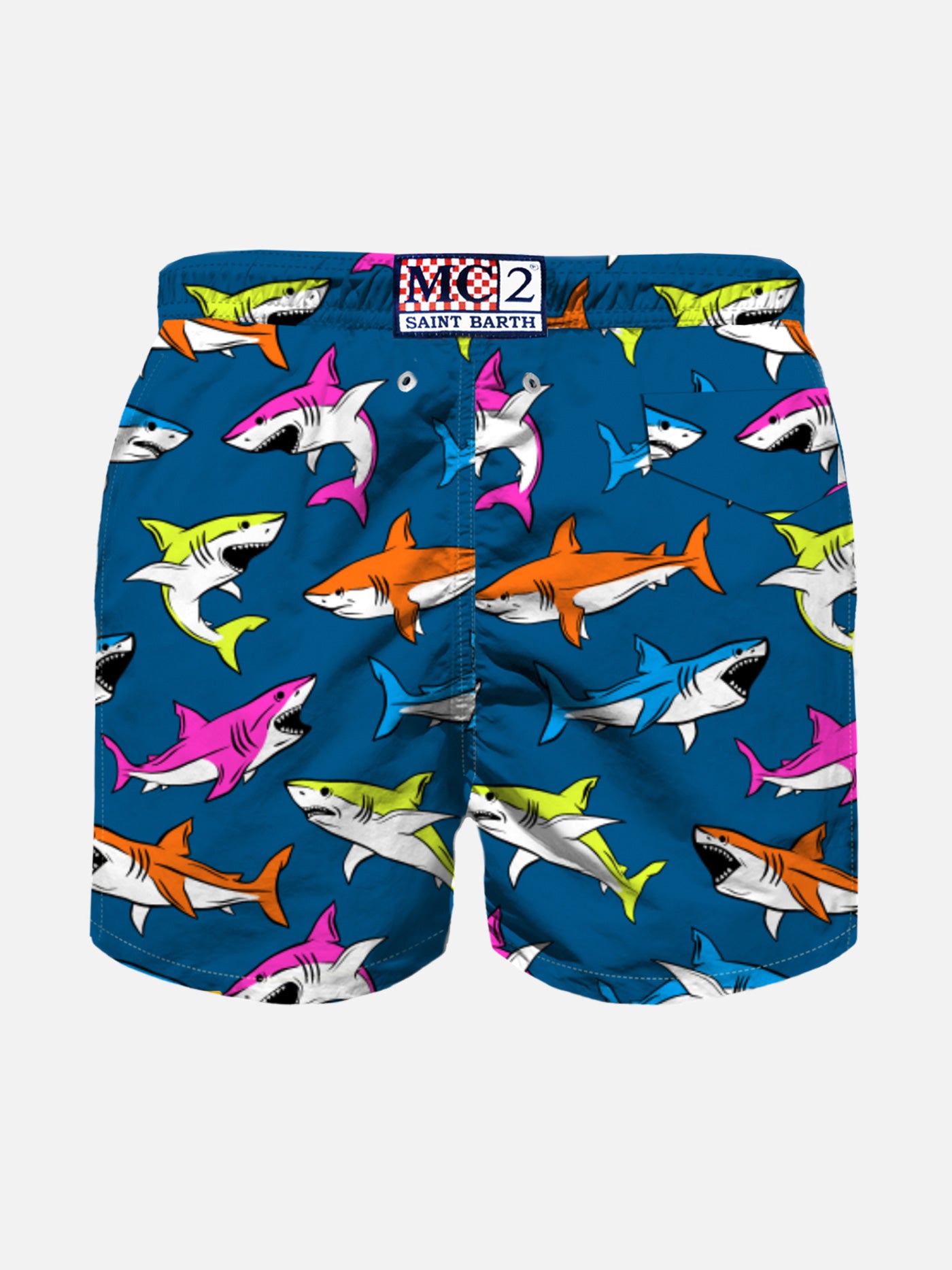 Badeshorts für Jungen mit mehrfarbigem Hai-Aufdruck
