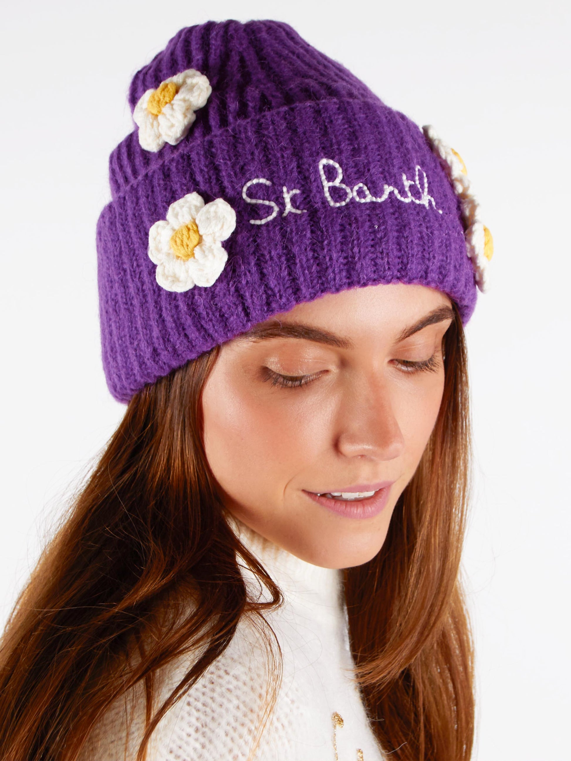 Woman brushed and ultra soft beanie with daisies appliqués - MC2 Saint Barth