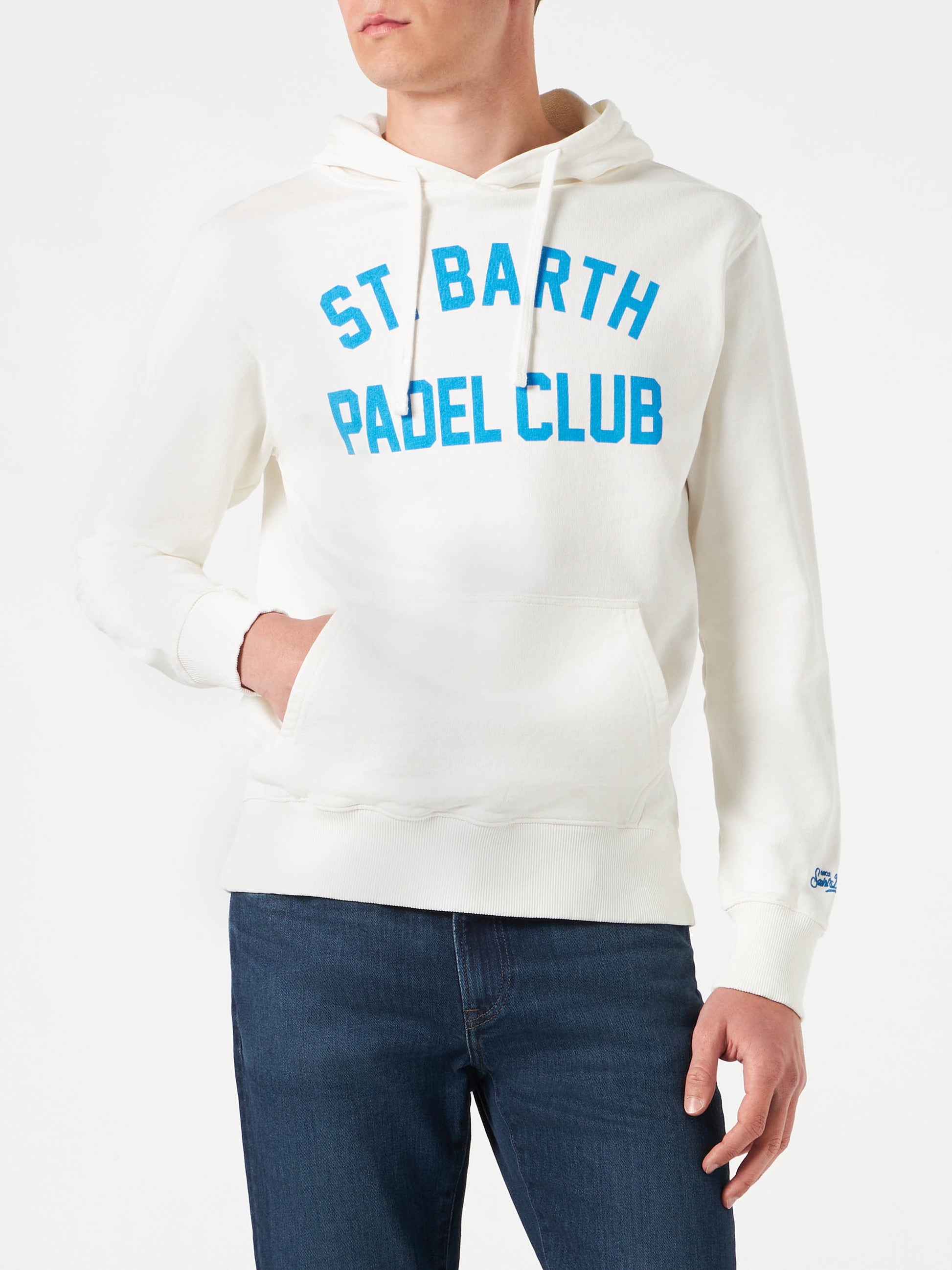 Man cotton hooded white sweatshirt with bluette St. Barth Padel Club print - MC2 Saint Barth