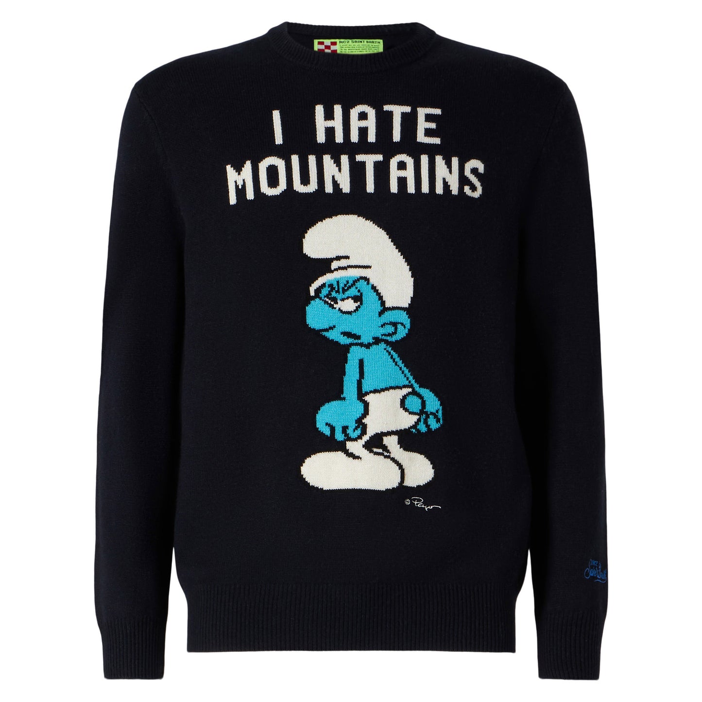 Man blue navy sweater "I hate Mountains Smurf" print | ©PEYO SPECIAL EDITION - MC2 Saint Barth