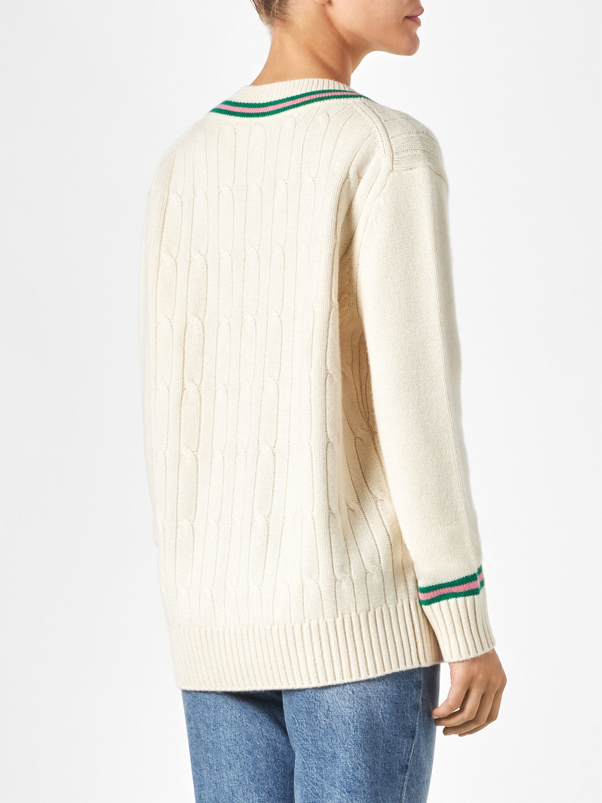 Woman v-neck braided sweater with patch - MC2 Saint Barth