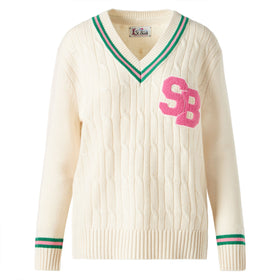 Woman v-neck braided sweater with patch - MC2 Saint Barth