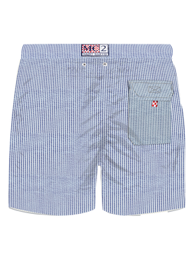 Costume classico leggero Patmos in seersucker a righe bluette