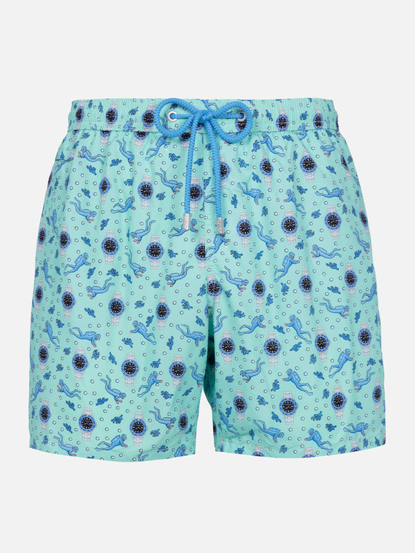 Man lightweight fabric swim-shorts Lighting Micro Fantasy with watches print