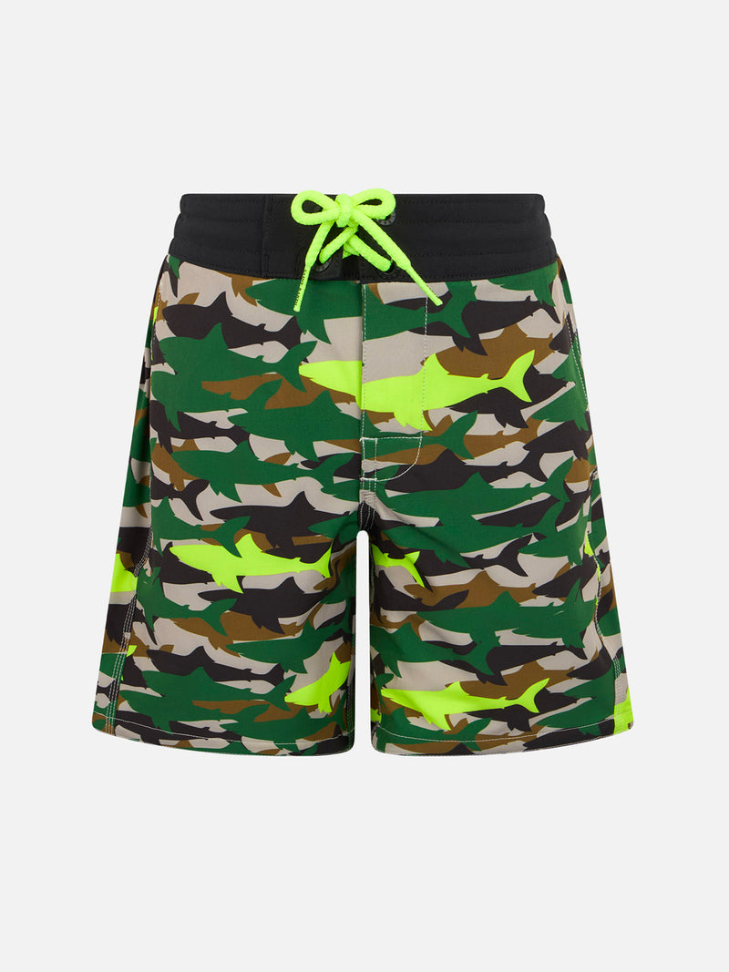 Boy Comfort Surf Jr swim shorts with camo shark print