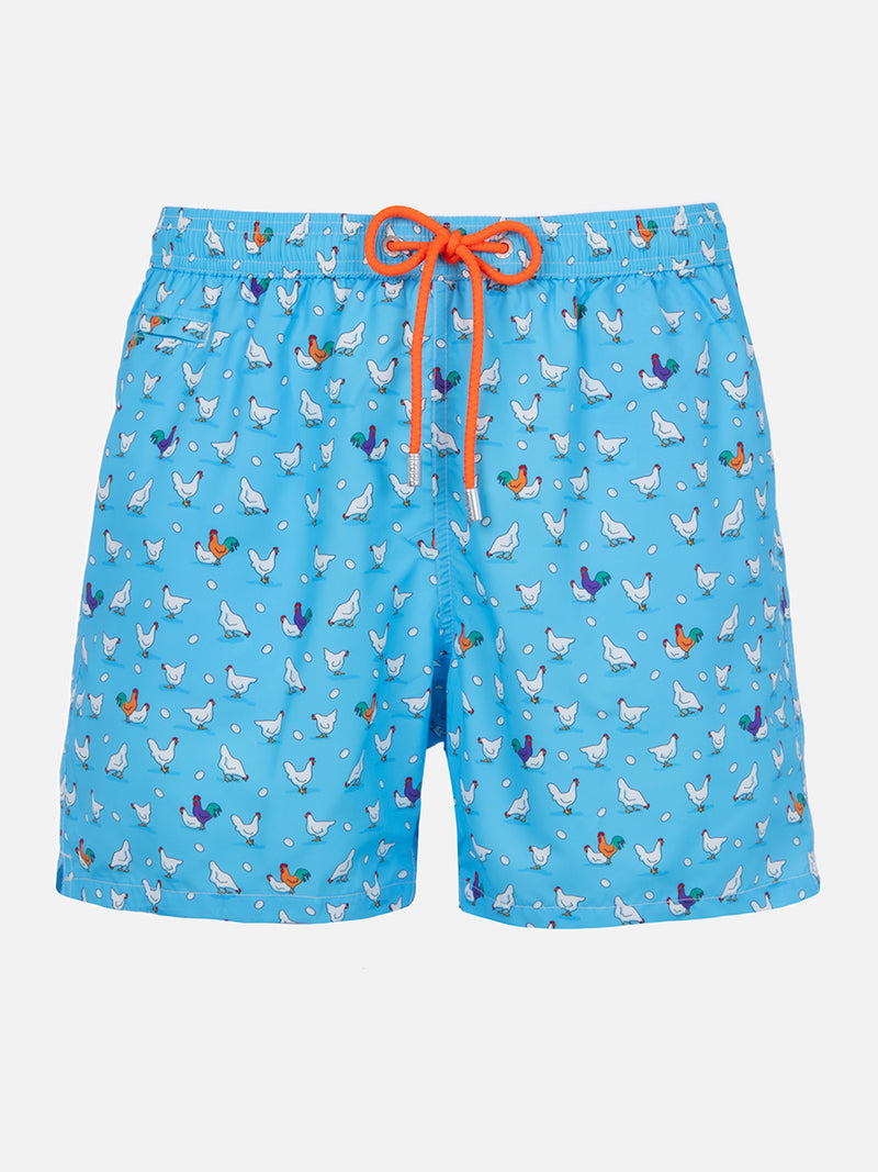 Man lightweight fabric swim-shorts Lighting Micro Fantasy with rooster print