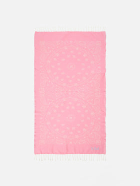 Telo mare Foutas in cotone jacquard con fantasia bandana rosa