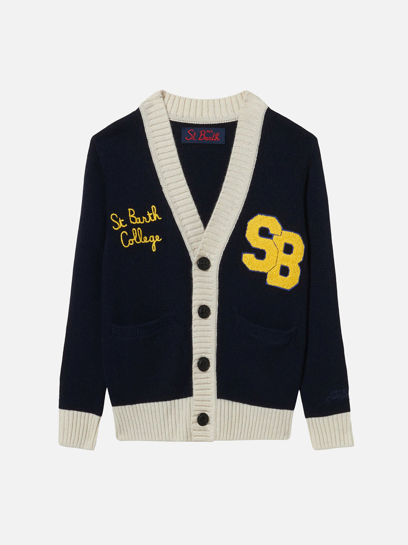 Cardigan da bambino in maglia con patch e ricami St. Barth College