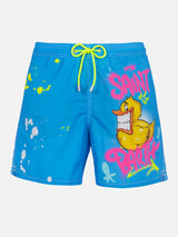 Man mid-length Gustavia swim-shorts with ducky Cryptopuppets placed print| CRYPTOPUPPETS SPECIAL EDITION