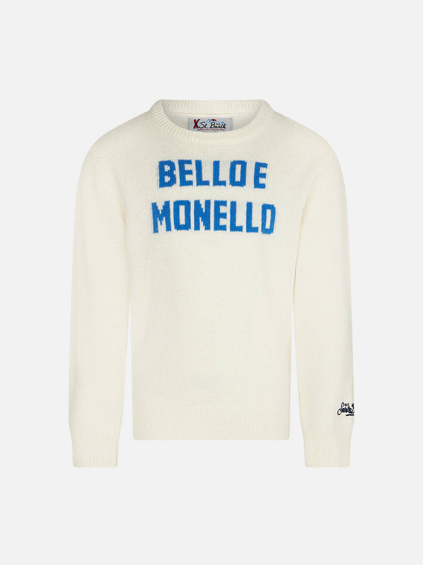 Boy crewneck sweater with Bello e monello lettering