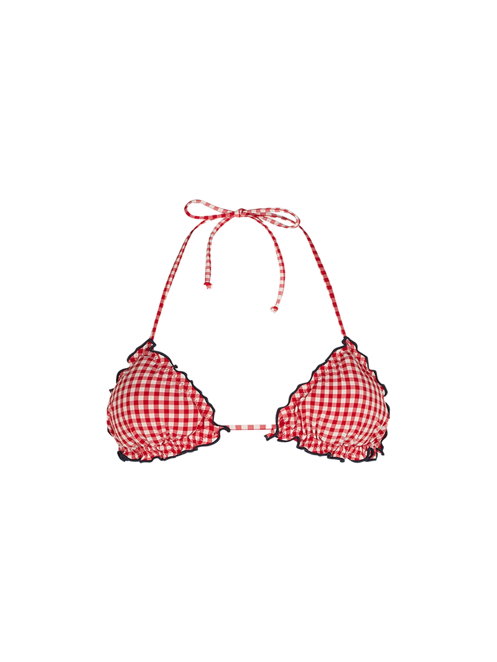 Woman triangle top swimsuit with gingham print