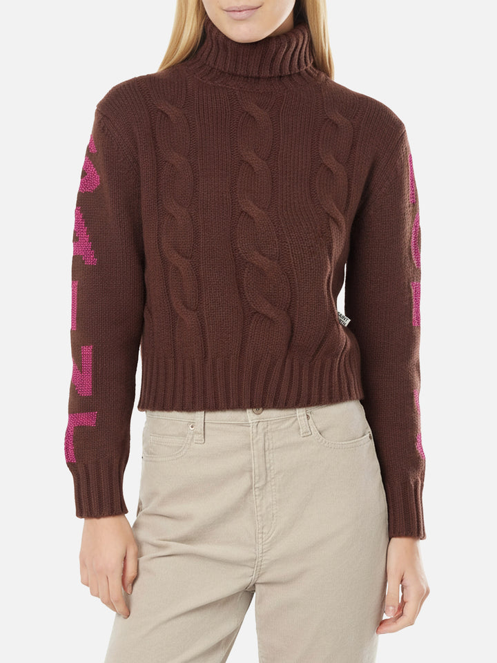 Woman turtleneck braided sweater with Saint Moritz jacquard