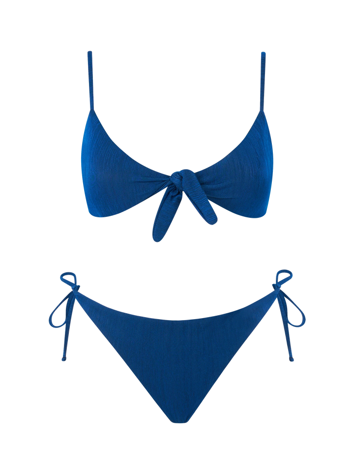 Woman blue pleated bralette bikini