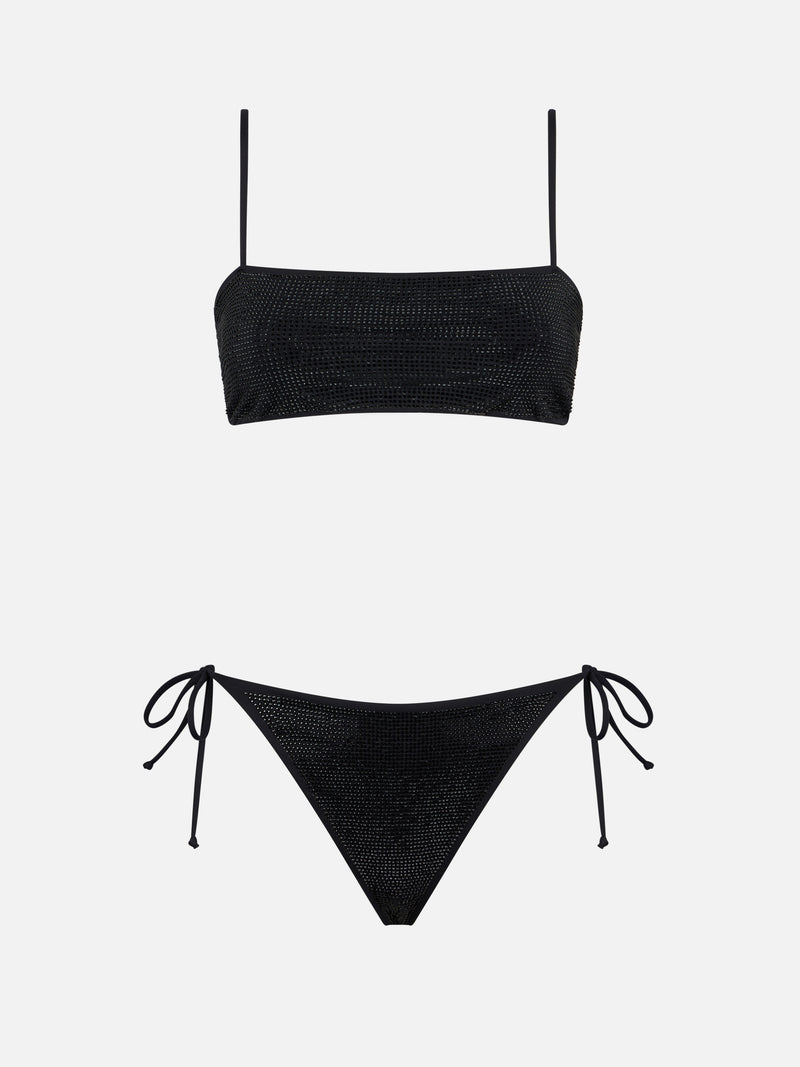 Bikini da donna a fascia nero con strass