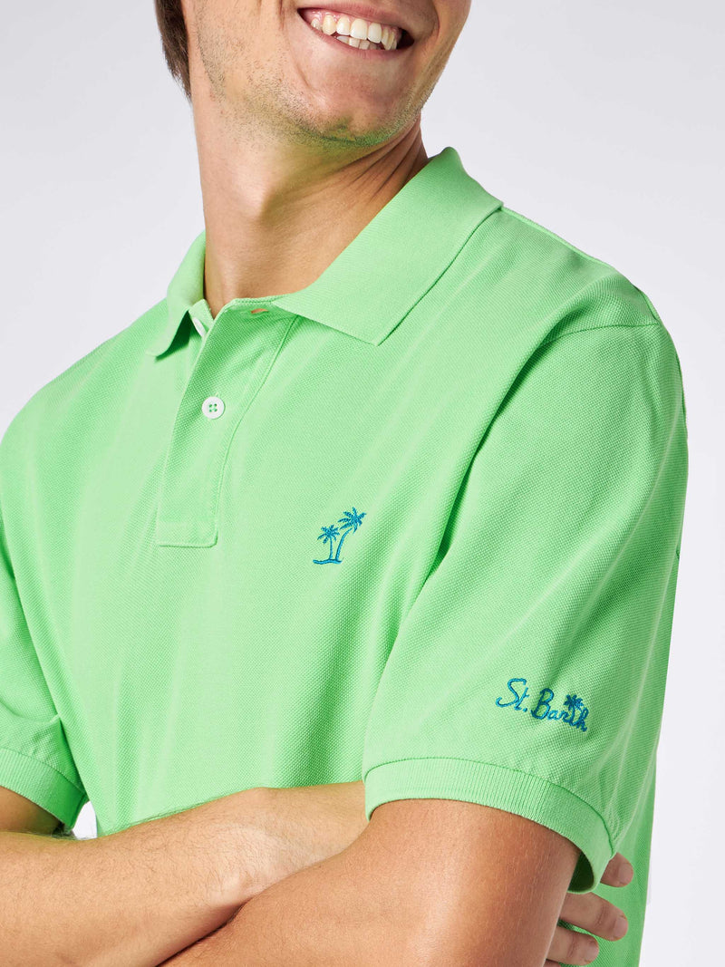 Man fluo green piquet polo with St. Barth logo and vintage effect