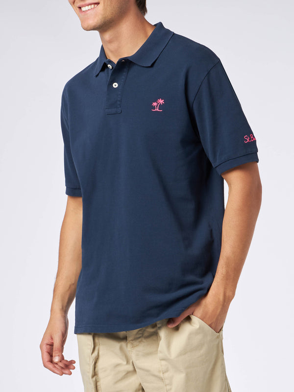 Man blue piquet polo with St. Barth logo and vintage effect