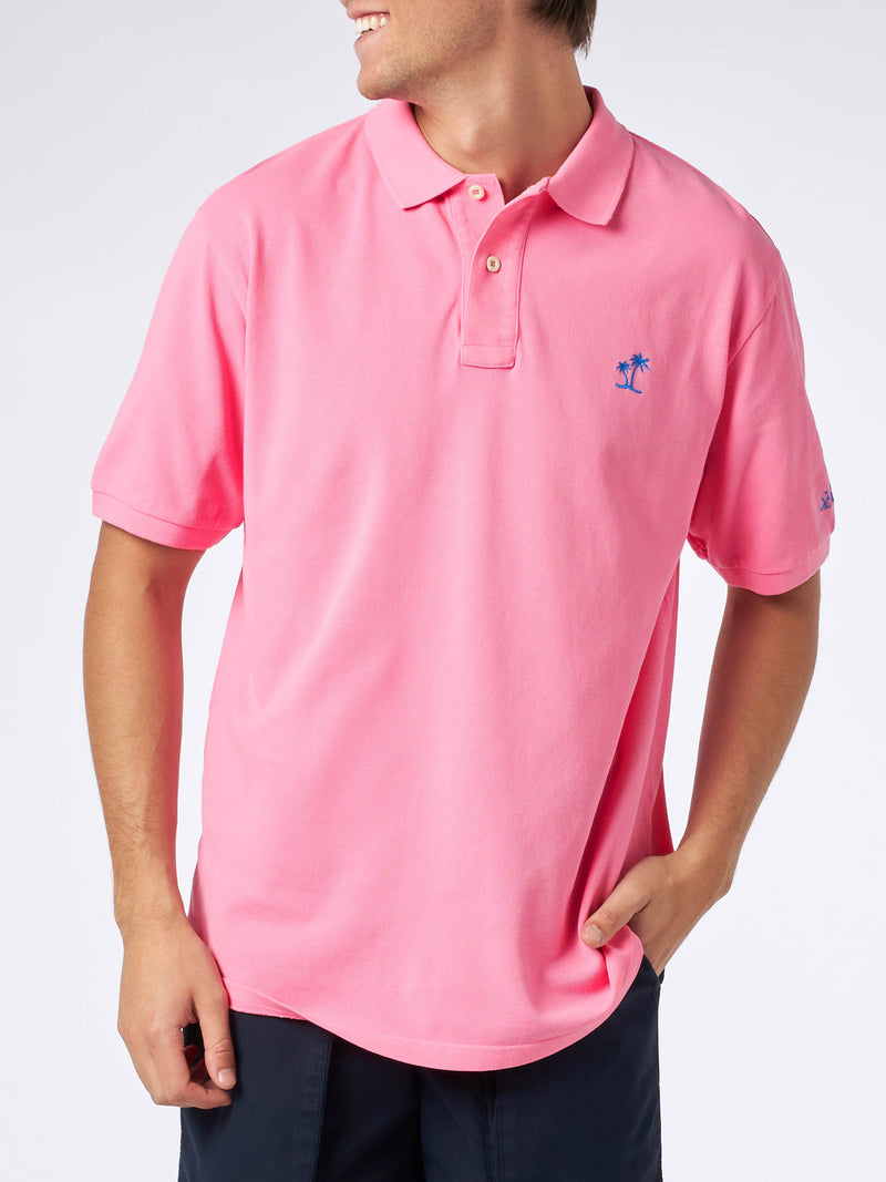 Man pink piquet polo with St. Barth logo and vintage effect