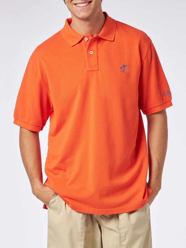 Herren-Poloshirt aus orangefarbenem Piquet mit St. Barth-Logo und Vintage-Effekt