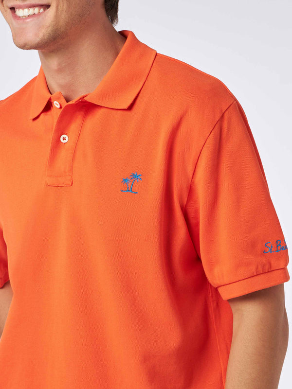 Herren-Poloshirt aus orangefarbenem Piquet mit St. Barth-Logo und Vintage-Effekt