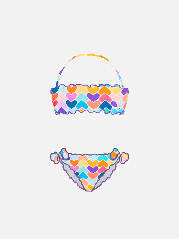 Bikini a fascia da bambina con stampa cuori multicolor