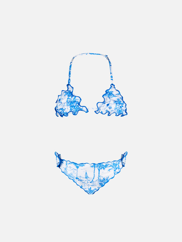 Girl triangle bikini with toile de jouy print