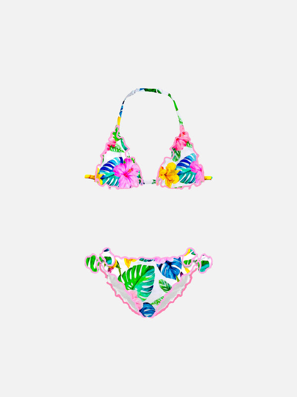 Girl triangle bikini with tropical print