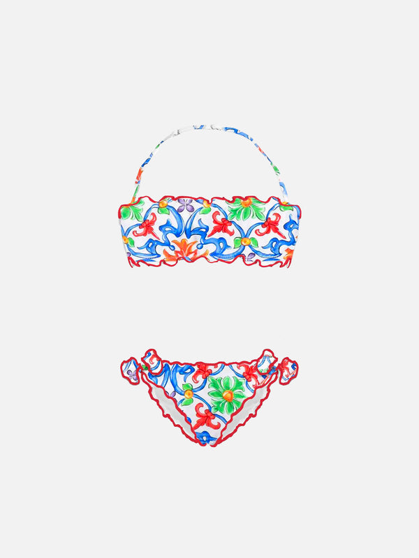 Girl bandeau bikini with majolica print