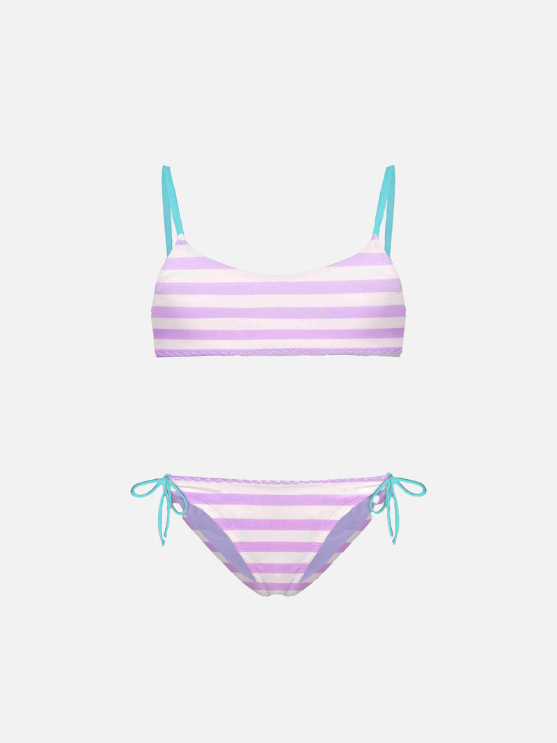 Bikini da bambina a bralette a righe con scritta ricamata