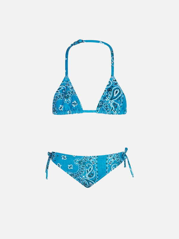 Girl triangle bikini with denim bandanna print