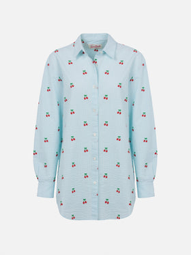 Damen-Seersucker-Baumwollhemd Brigitte mit Kirsch-Patches