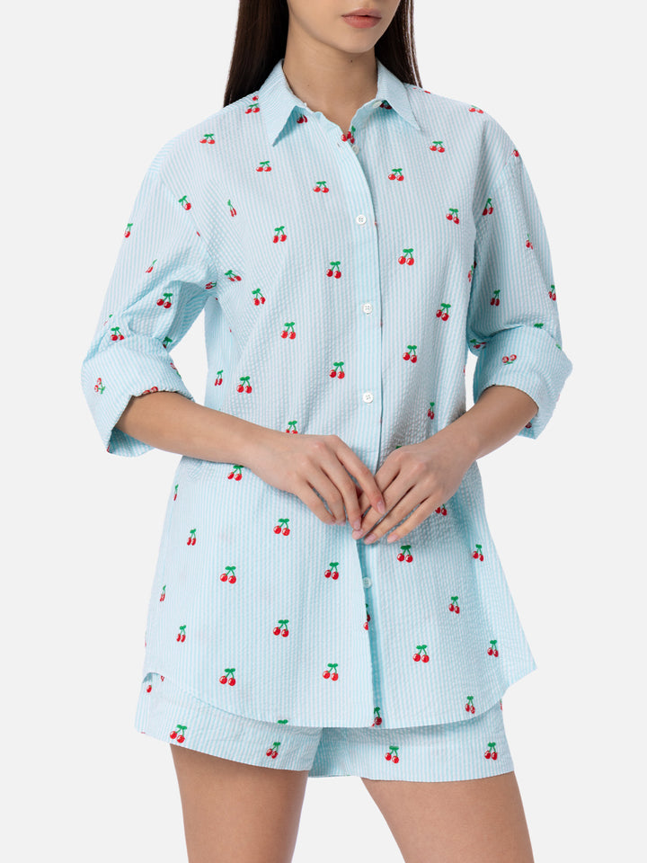 Damen-Seersucker-Baumwollhemd Brigitte mit Kirsch-Patches