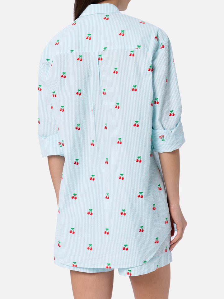 Damen-Seersucker-Baumwollhemd Brigitte mit Kirsch-Patches