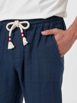 Marineblaue Calais-Hose für Herren aus Leinen mit Kordelzug