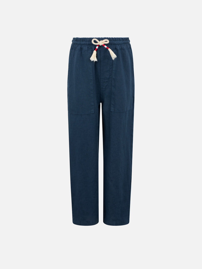 Boy navy blue linen Calais Jr pants with drawstring