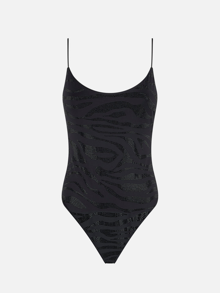 Woman one piece swimsuit with zebra rhinestones