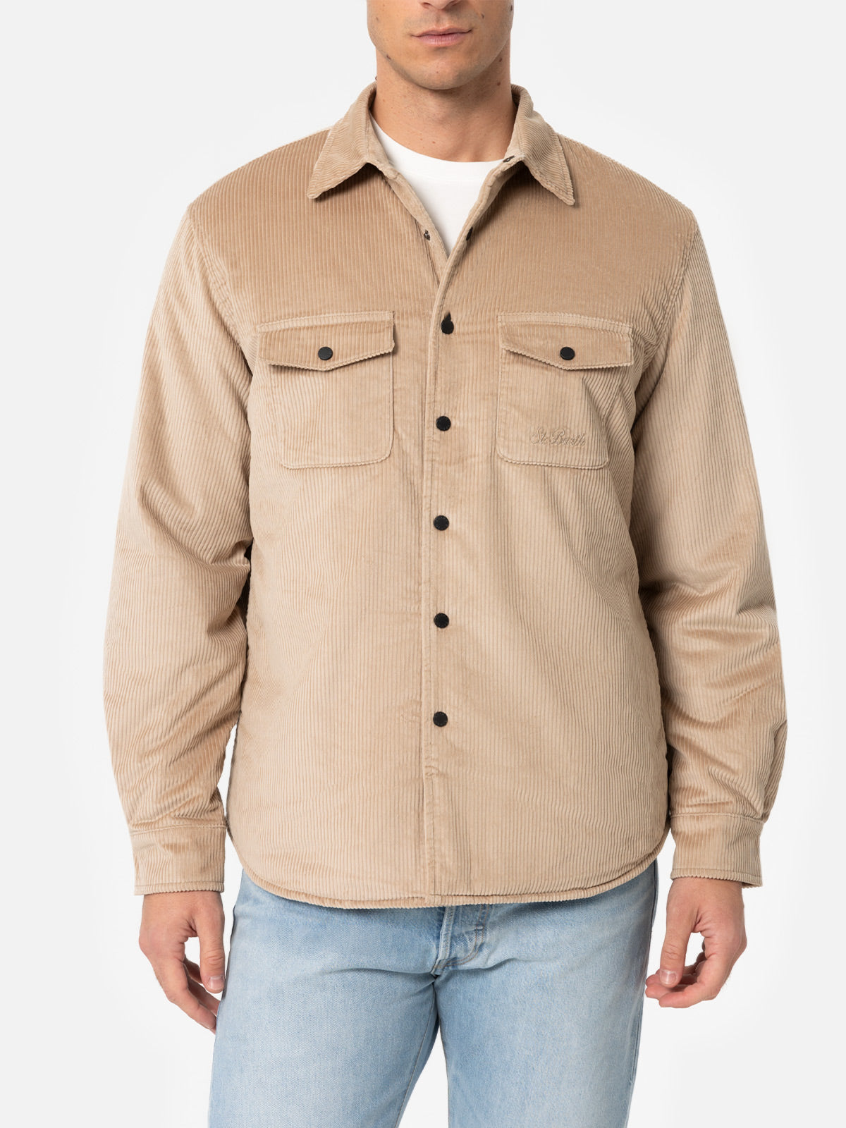 Overshirt da uomo in velluto a coste beige Chalet con ricamo St. Barth