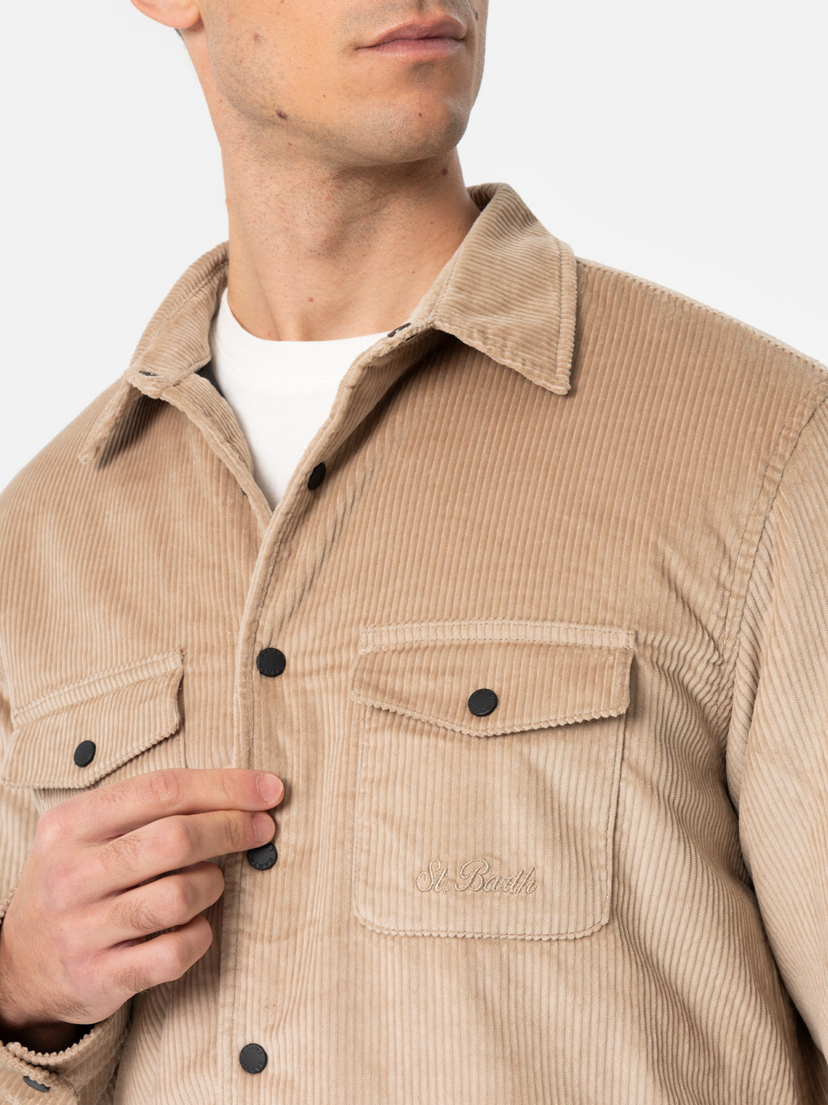Overshirt da uomo in velluto a coste beige Chalet con ricamo St. Barth