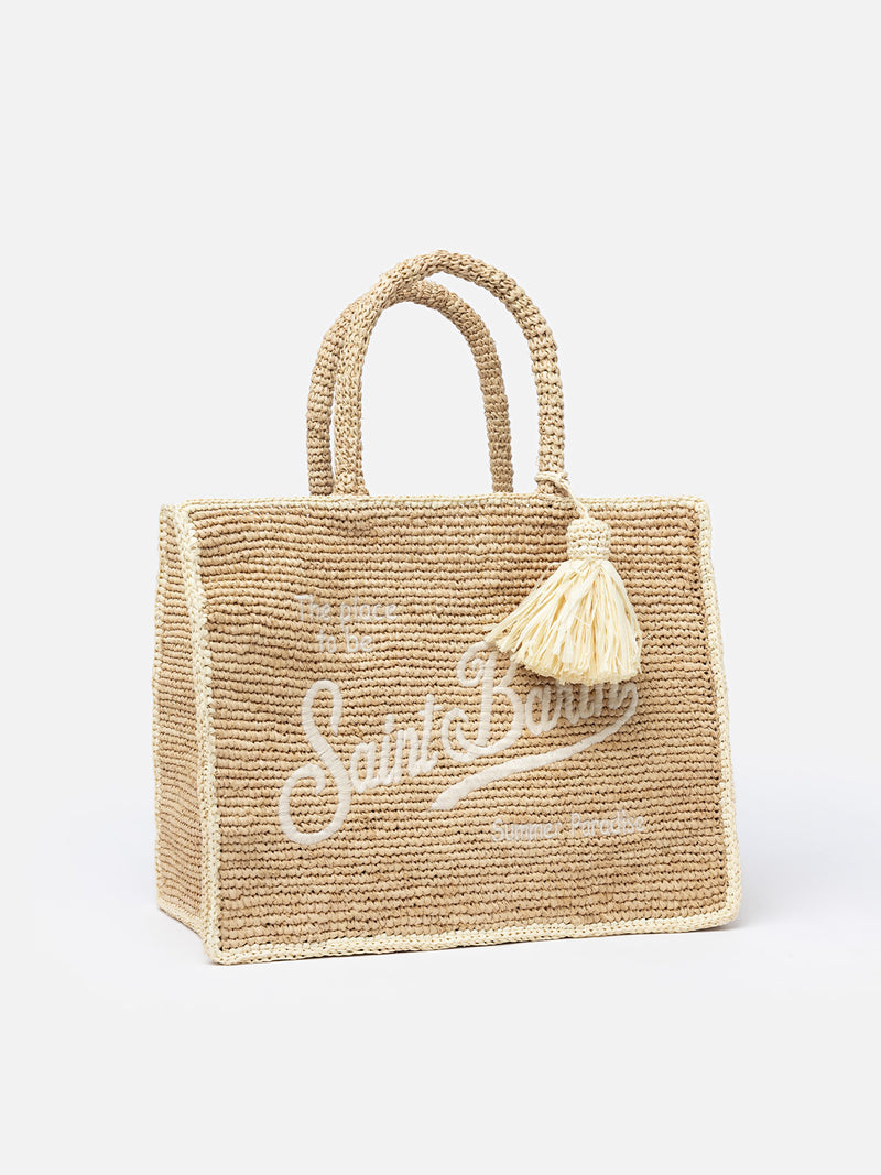 Naturbeige Colette Raffia-Handtasche mit Stickerei