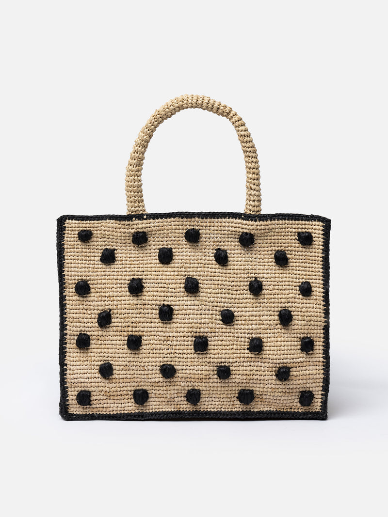 Borsa a mano Colette in rafia beige naturale con applicazioni a pois