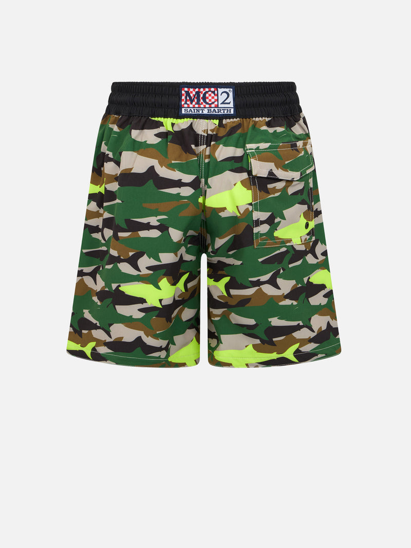 Boy Comfort Surf Jr swim shorts with camo shark print