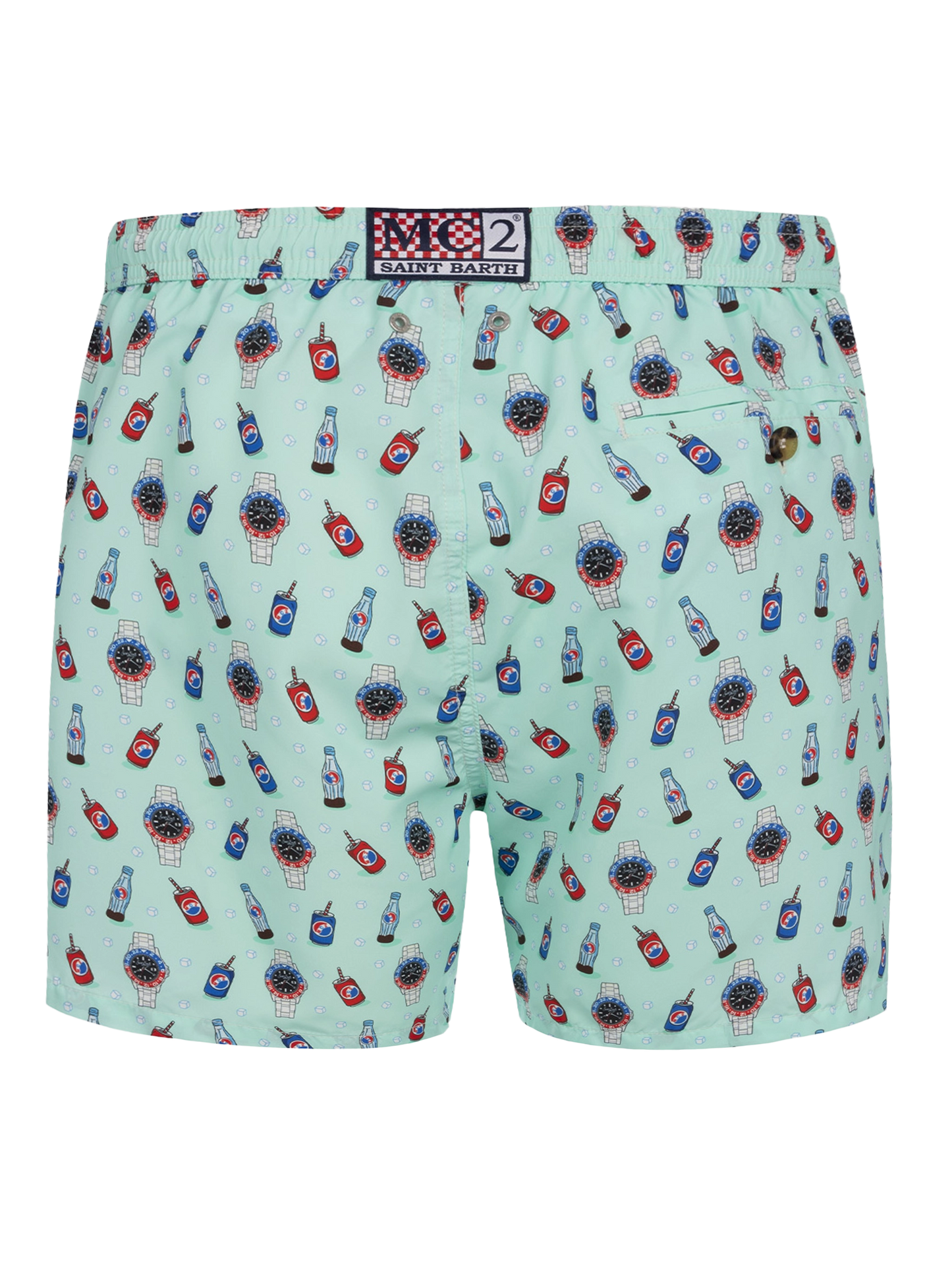 Man lightweight fabric swim-shorts Lighting Micro Fantasy with watches and drinks print
