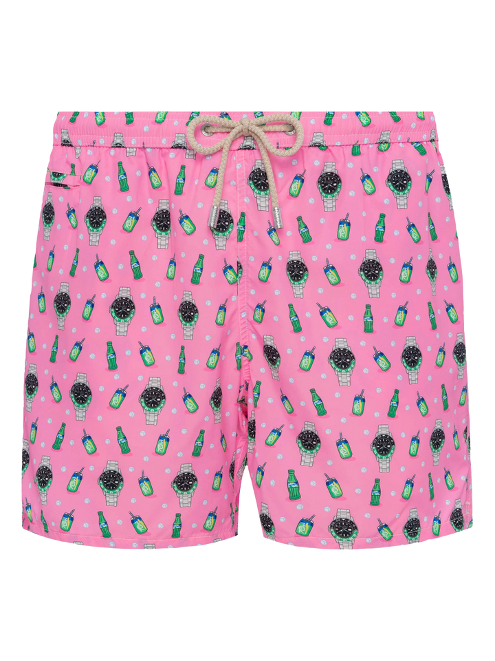 Lightweight fabric swim shorts Lighting with watch print