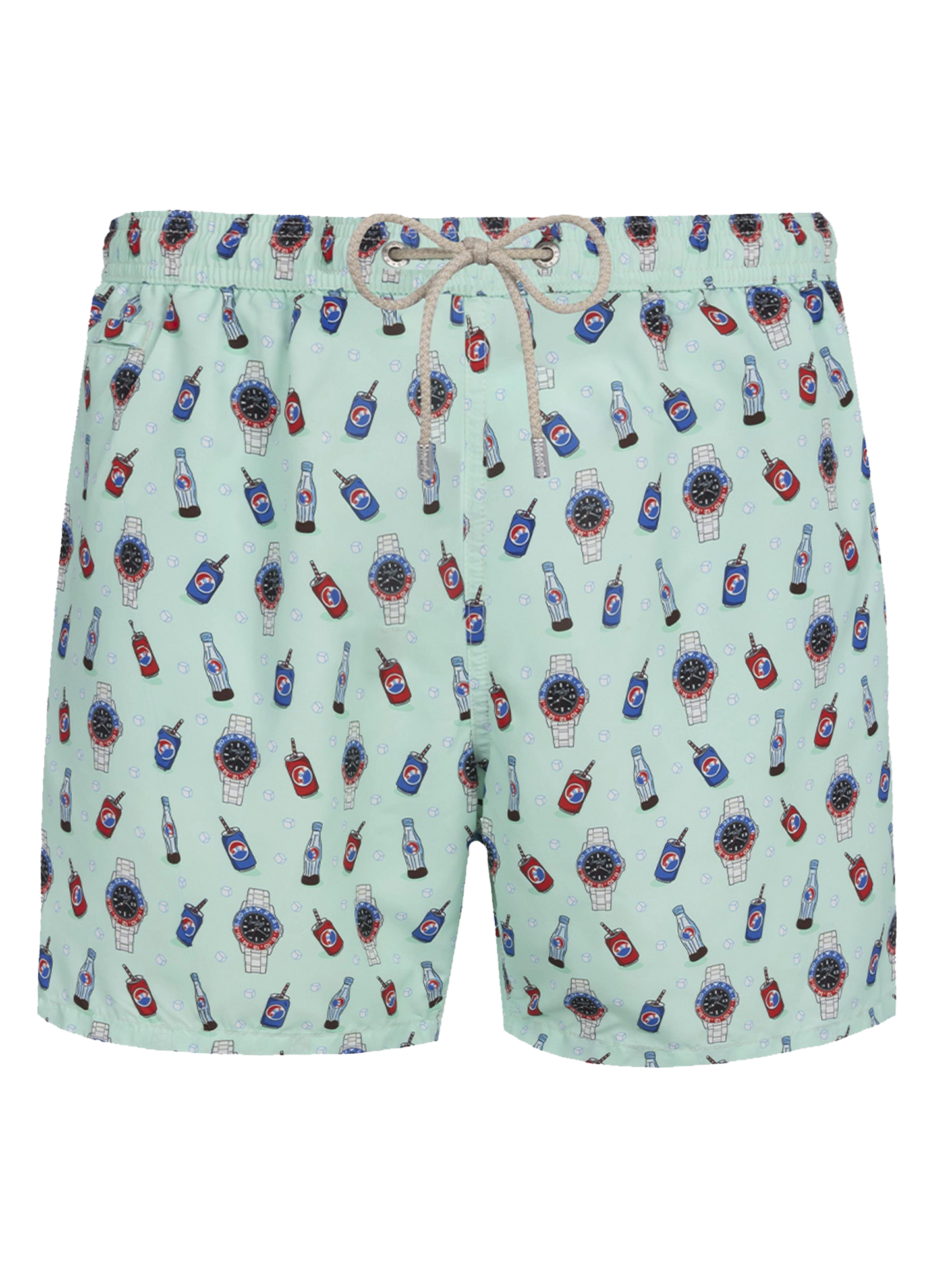 Man lightweight fabric swim-shorts Lighting Micro Fantasy with watches and drinks print