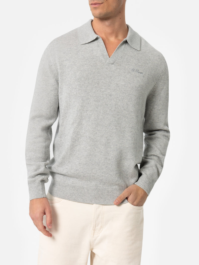 Maglione da uomo con collo a polo in misto cashmere grigio mélange Covent