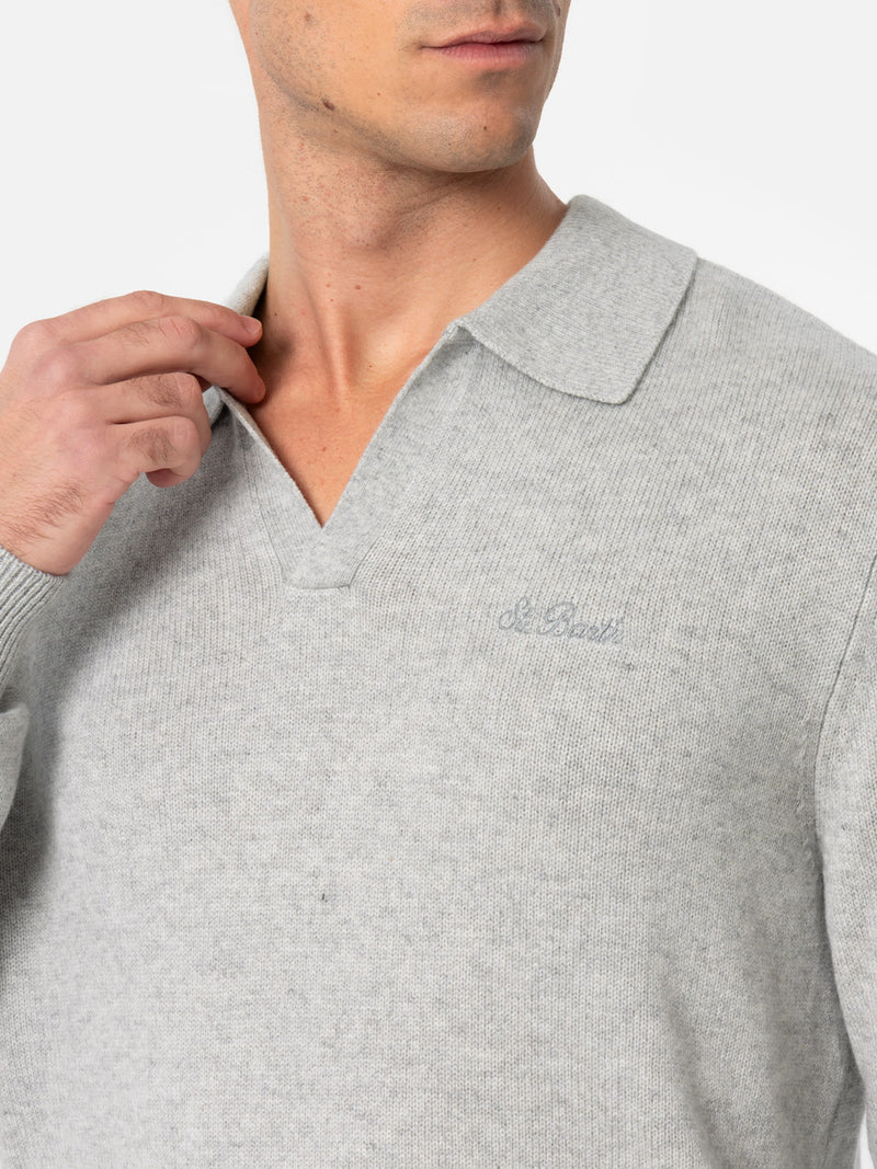 Maglione da uomo con collo a polo in misto cashmere grigio mélange Covent