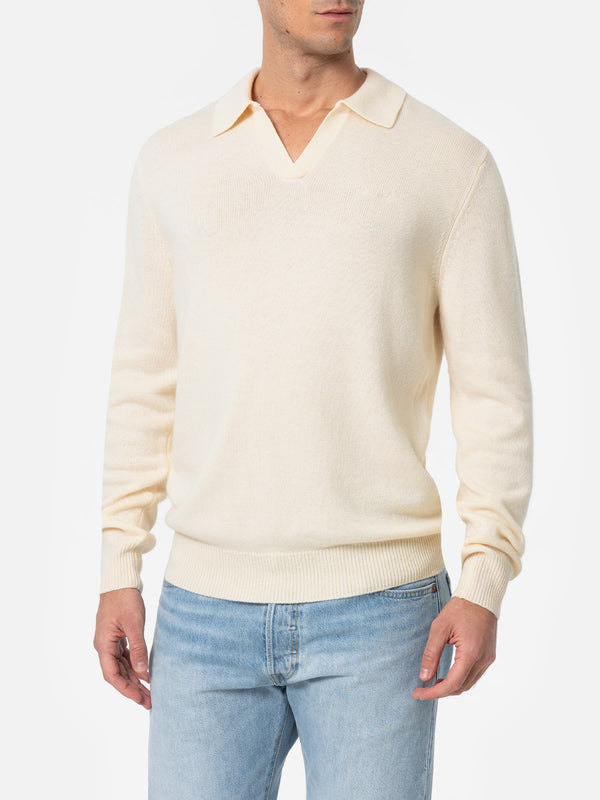 Maglione bianco da uomo misto cashmere con collo a polo Covent