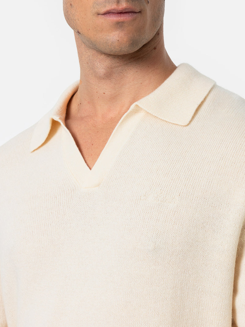 Maglione bianco da uomo misto cashmere con collo a polo Covent