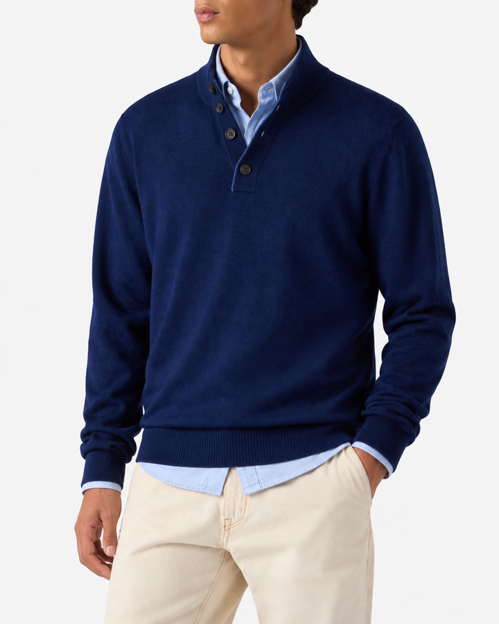 Jersey con media cremallera en lana merino y cashmere azul marino 